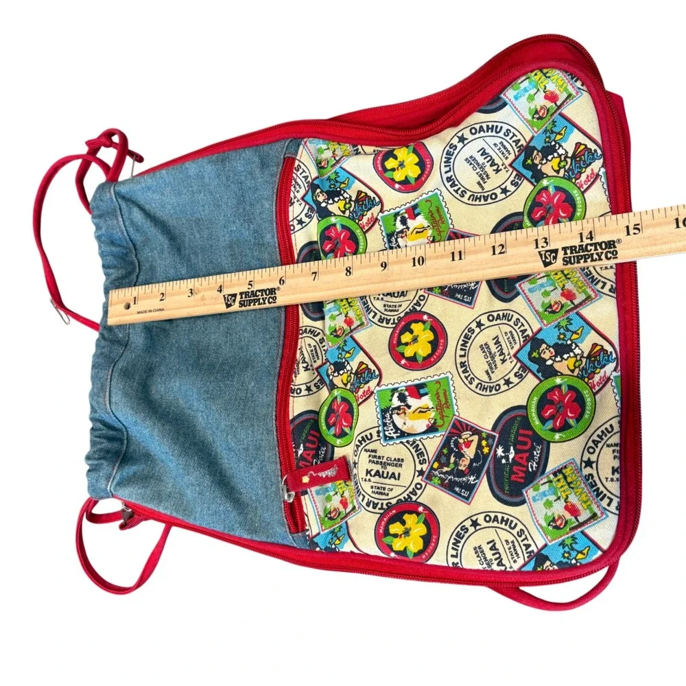 Aloha Hawaii Print Drawstring Backpack Denim Red Trim Summer Beach Bag